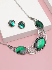 Silver Plated Party Designer Stone Necklace and Earring Set