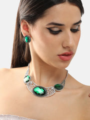 Silver Plated Party Designer Stone Necklace and Earring Set