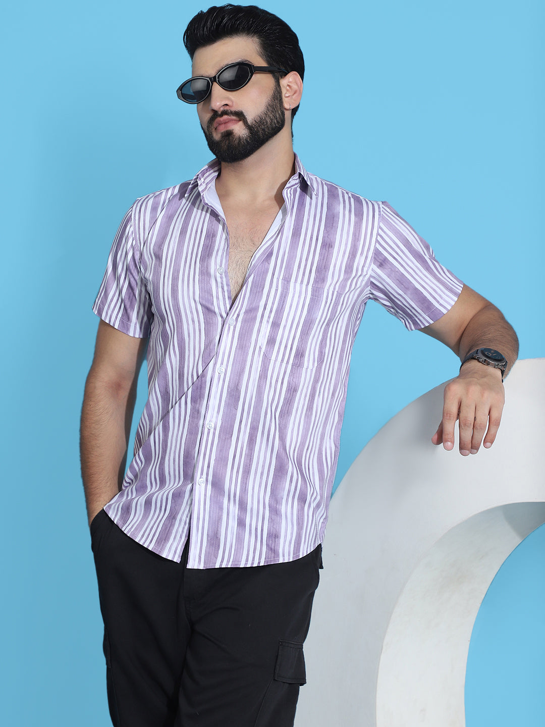 Striped Half Sleeve Cotton Lycra Shirt for Men