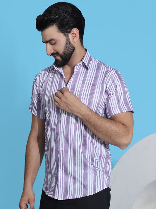 Striped Half Sleeve Cotton Lycra Shirt for Men