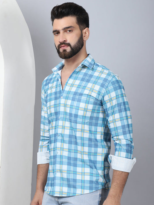 Checked Spread Collar Cotton Casual Shirt for Men