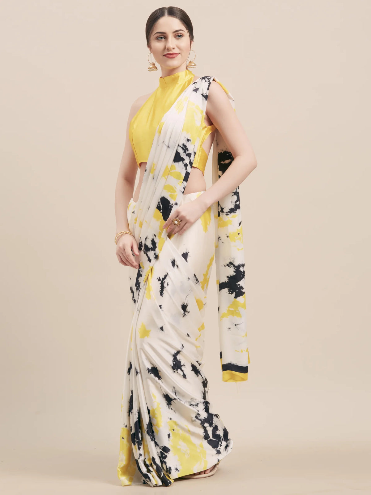 White & Yellow Satin Printed Saree