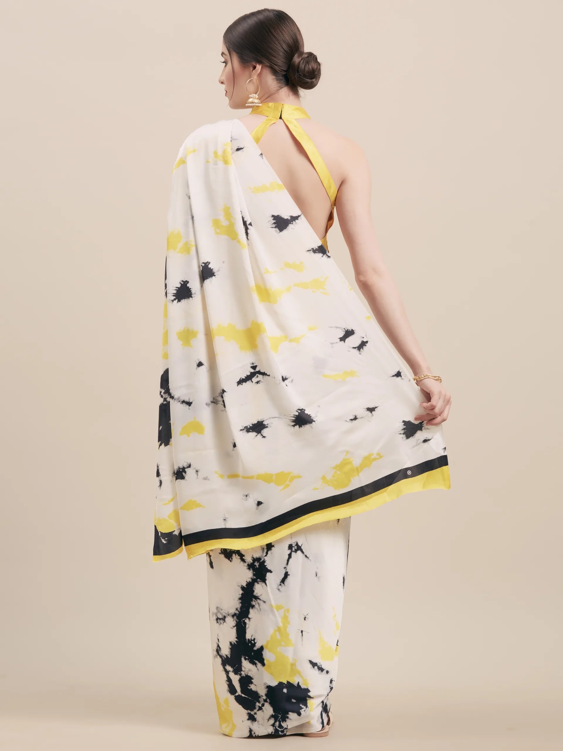 White & Yellow Satin Printed Saree