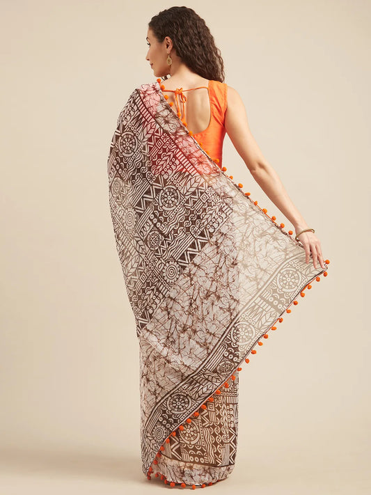 Brown & White Poly Georgette Printed Saree