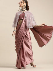 Trendy Mauve Sleek Poly Crepe Saree with Embellished Border & Cape