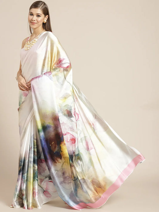 White & Pink Digital Floral Print Saree