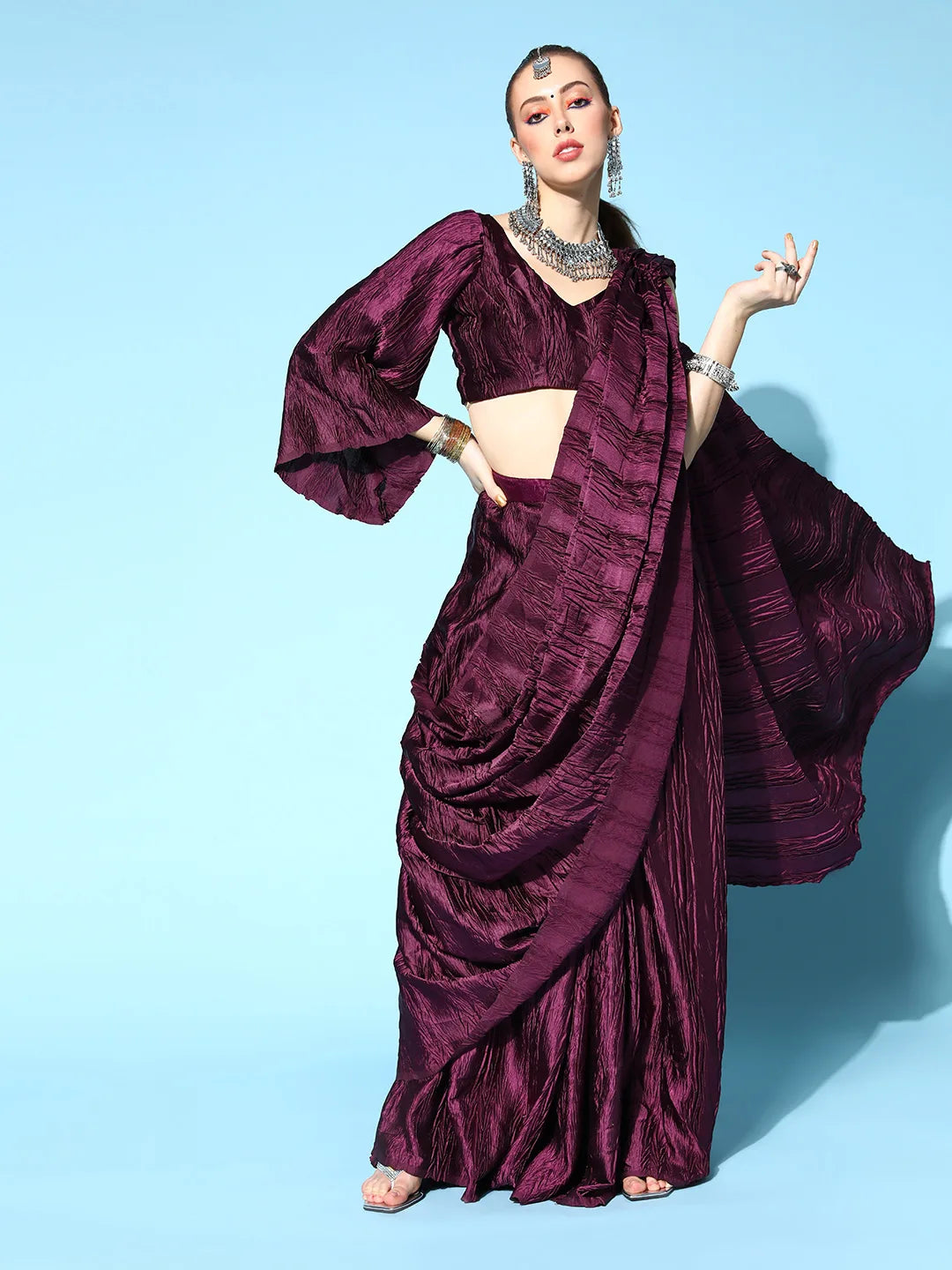 Burgundy Accordion Pleated Ready to Wear Saree