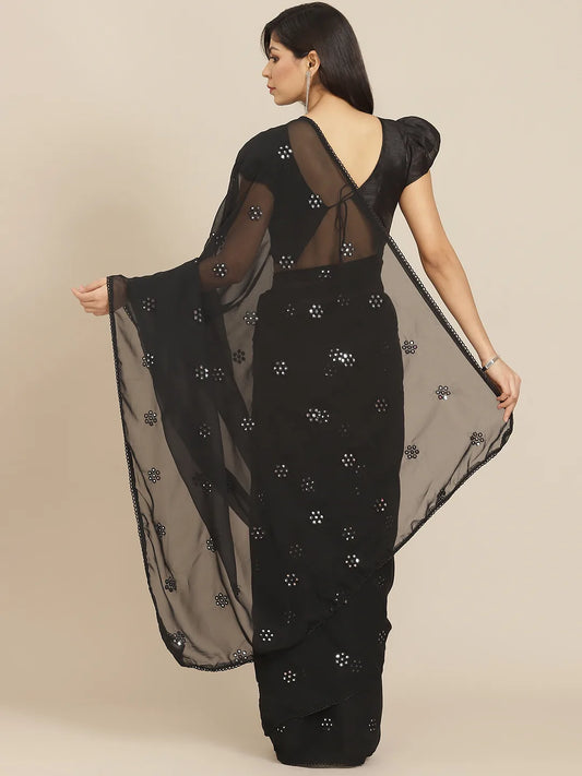 Black Embroidered Mirror-Work Saree