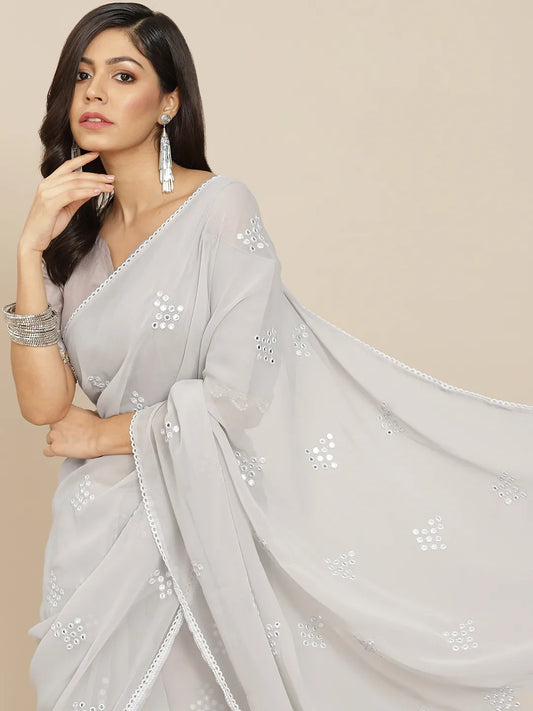 Grey Embroidered Mirror-Work Saree