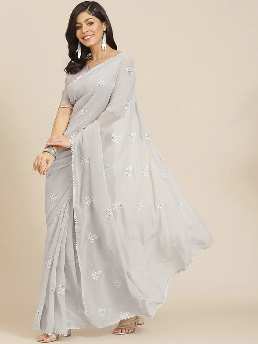 Grey Embroidered Mirror-Work Saree