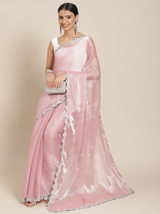 Pink Solid Embellished Border Saree