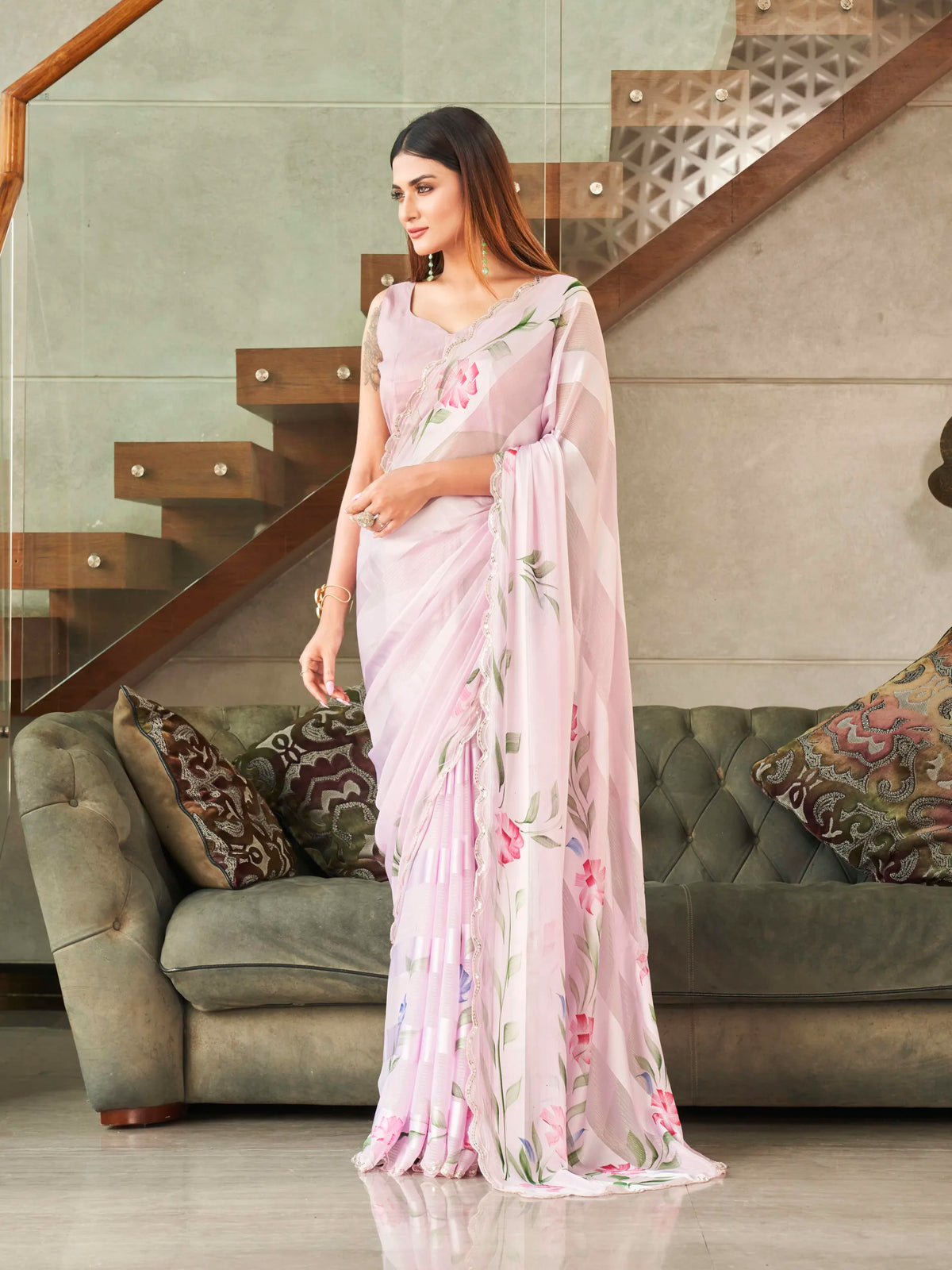 Floral Printed Sequinned Saree