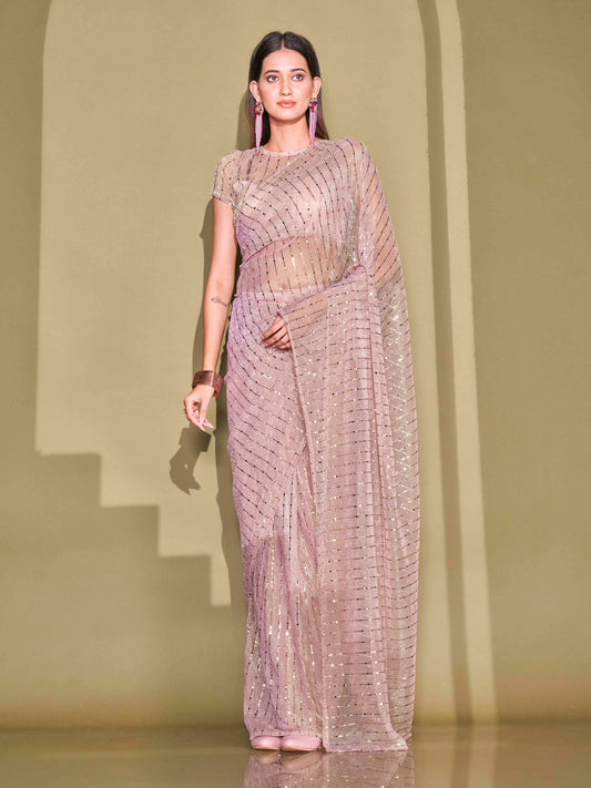 Tikhi Imli Ready To Wear Pink Foil Embellished Saree with Unstitched Blouse