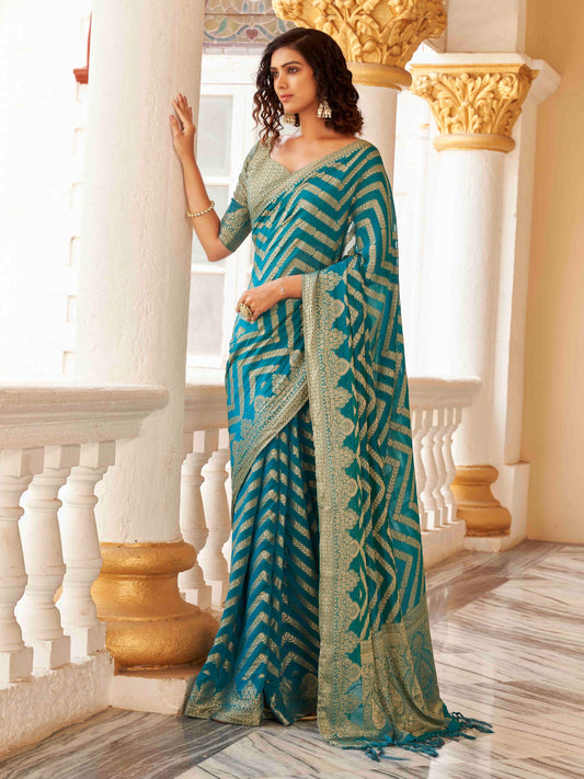 Ready To Wear Blue Colour Art Silk Jacquard Saree with Unstitched Blouse