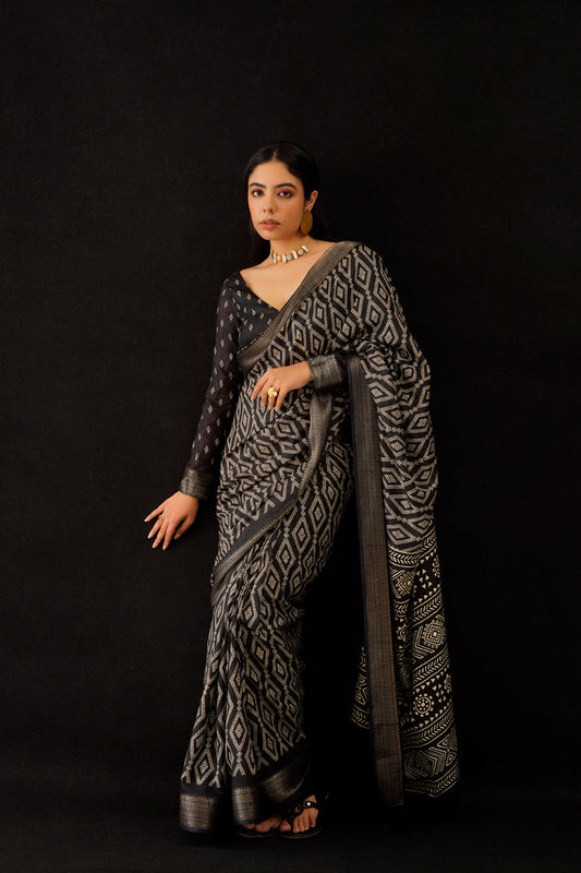 Black colored poly cotton ready to wear saree