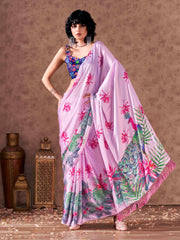 Pink and blue colored digital printed satin saree with tassles on pallu