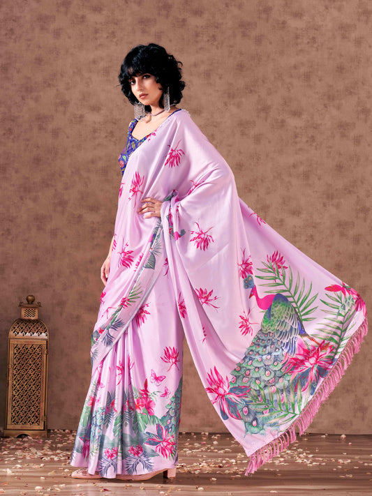 Pink and blue colored digital printed satin saree with tassles on pallu