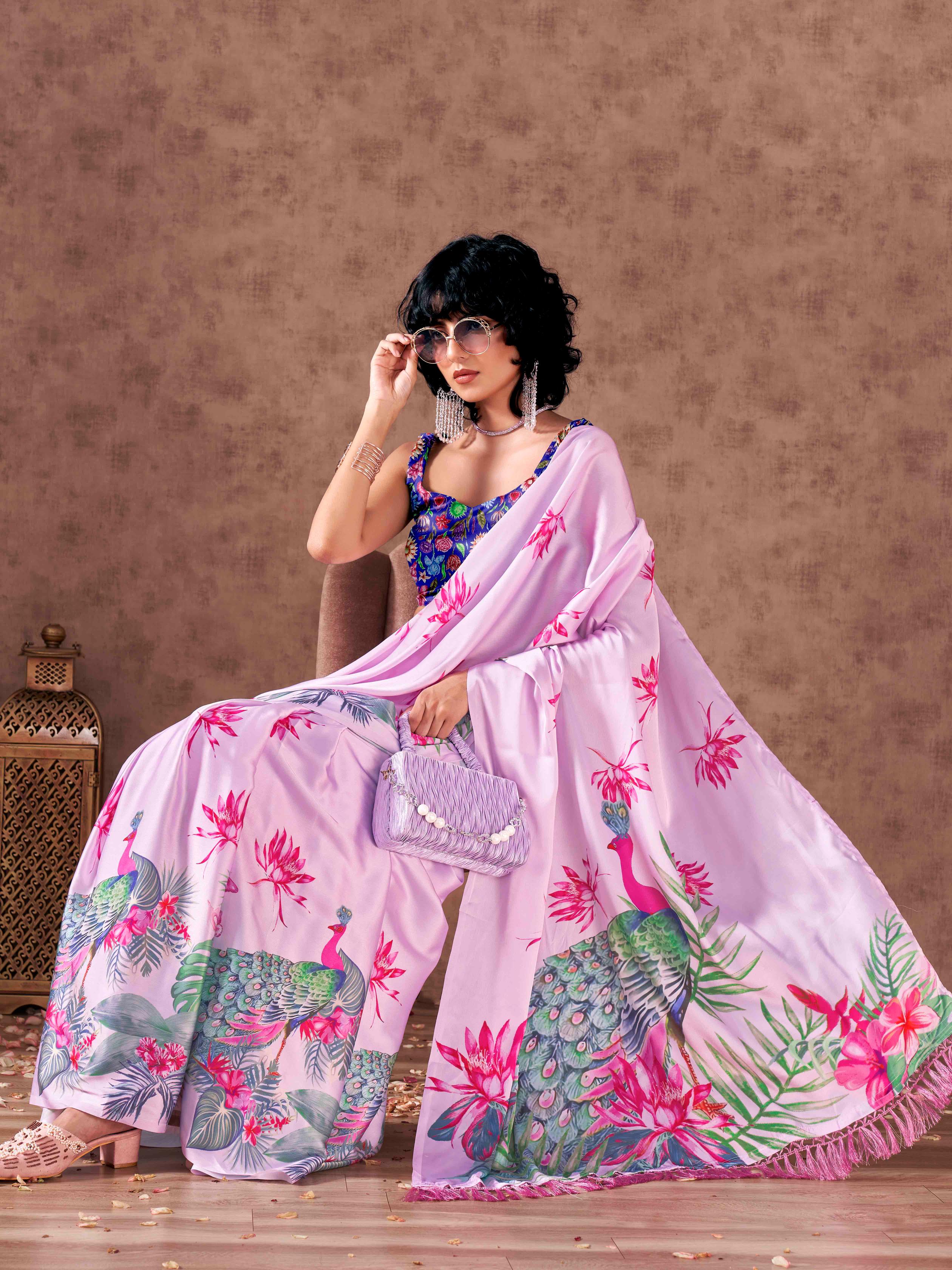 Pink and blue colored digital printed satin saree with tassles on pallu