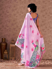 Pink and blue colored digital printed satin saree with tassles on pallu