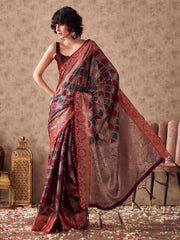 Violet and red multi colored poly cotton woven design saree with tassles on pallu