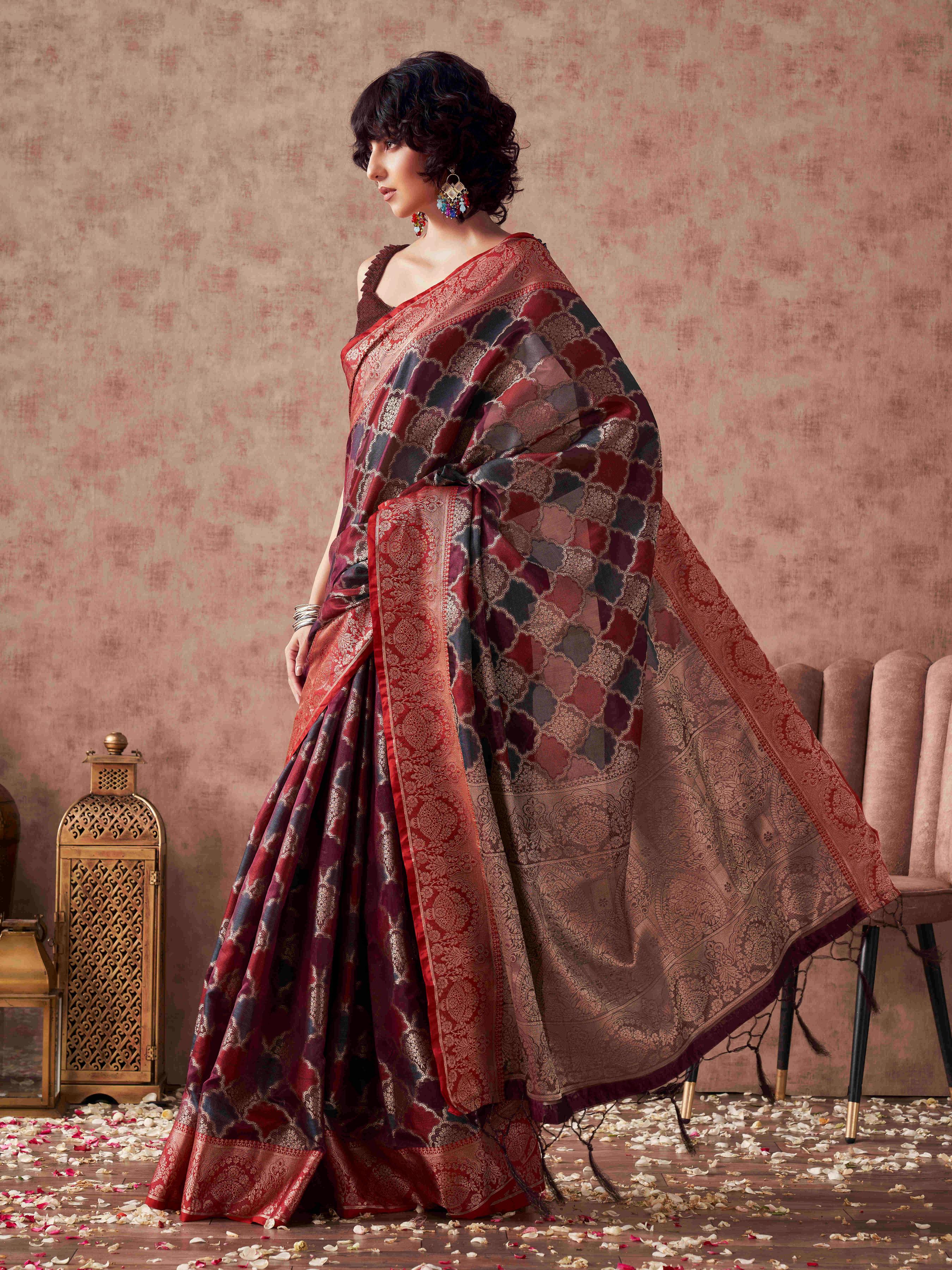 Violet and red multi colored poly cotton woven design saree with tassles on pallu