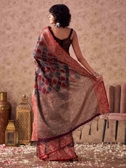 Violet and red multi colored poly cotton woven design saree with tassles on pallu