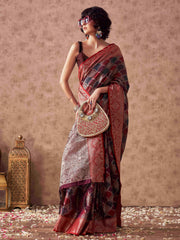 Violet and red multi colored poly cotton woven design saree with tassles on pallu