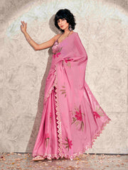 Pink colored hand printed saree with scalloped border