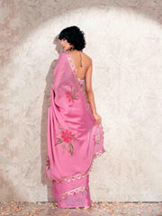 Pink colored hand printed saree with scalloped border