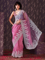 Pink colored organza embroidered saree