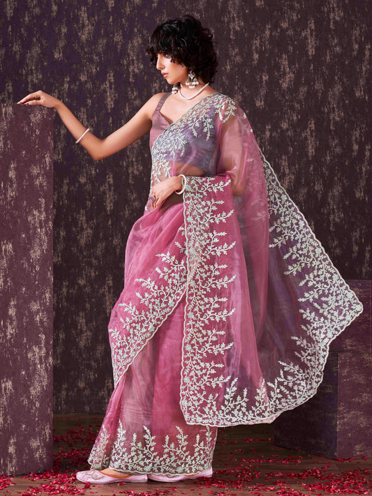 Pink colored organza embroidered saree