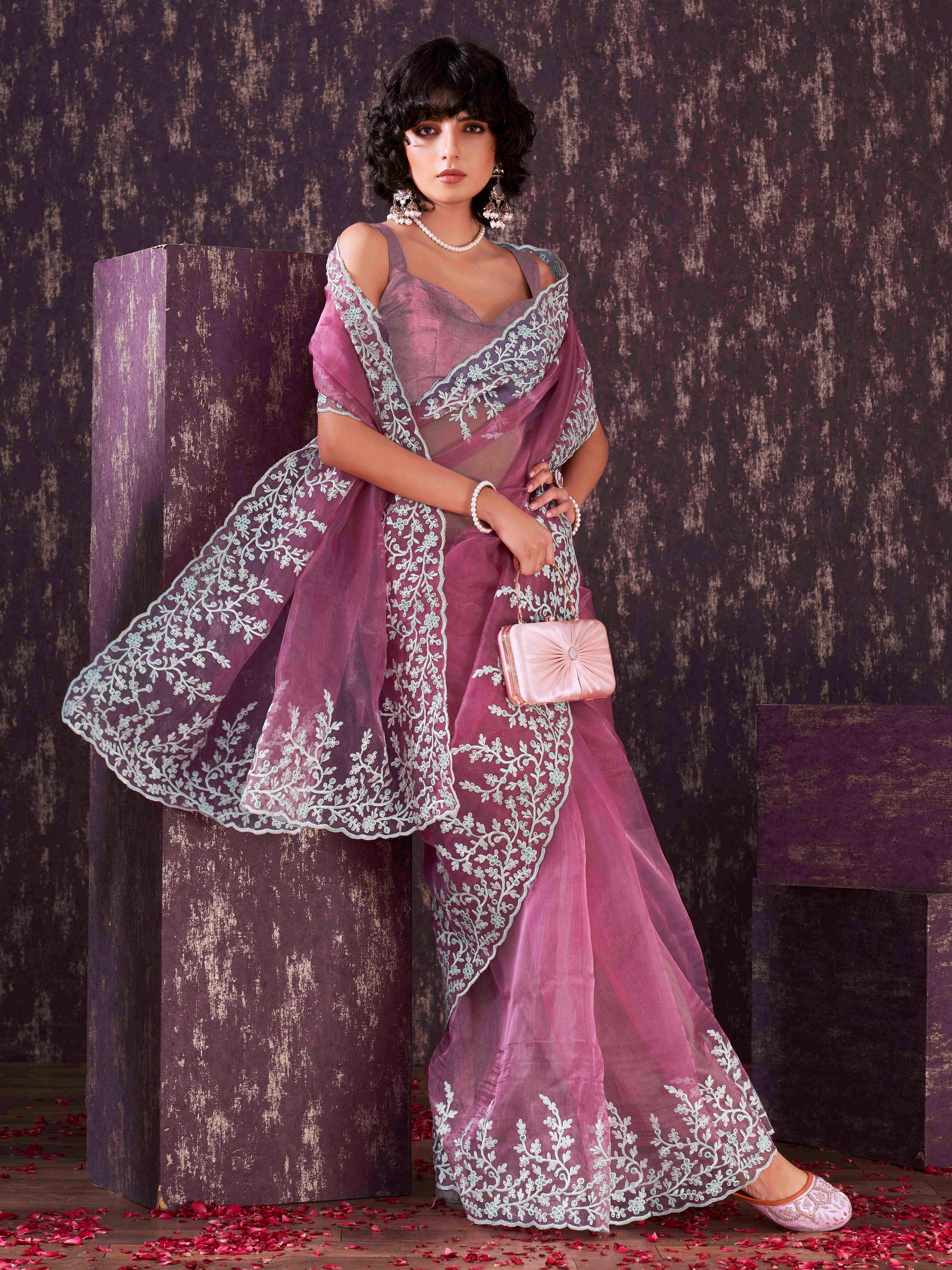 Pink colored organza embroidered saree