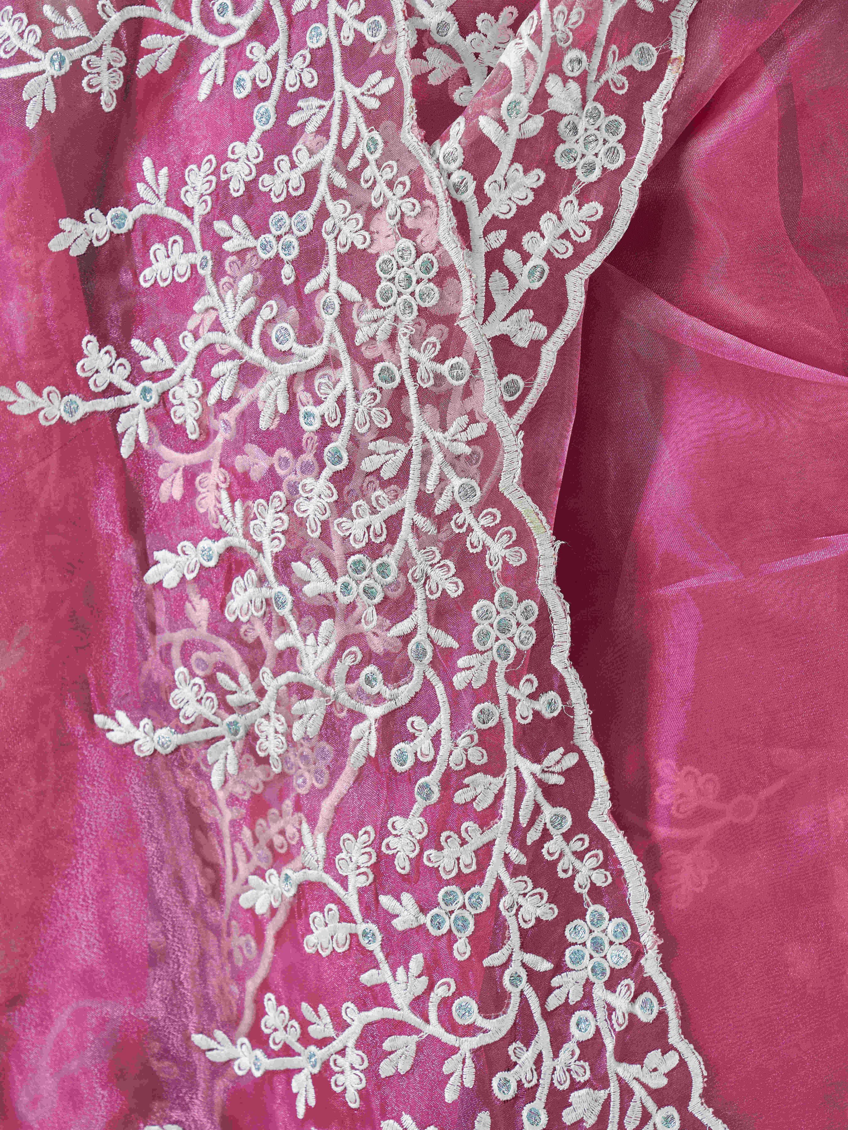 Pink colored organza embroidered saree