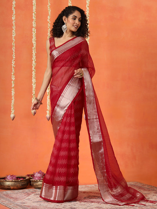 Red colored organza nylon hand dyeing saree