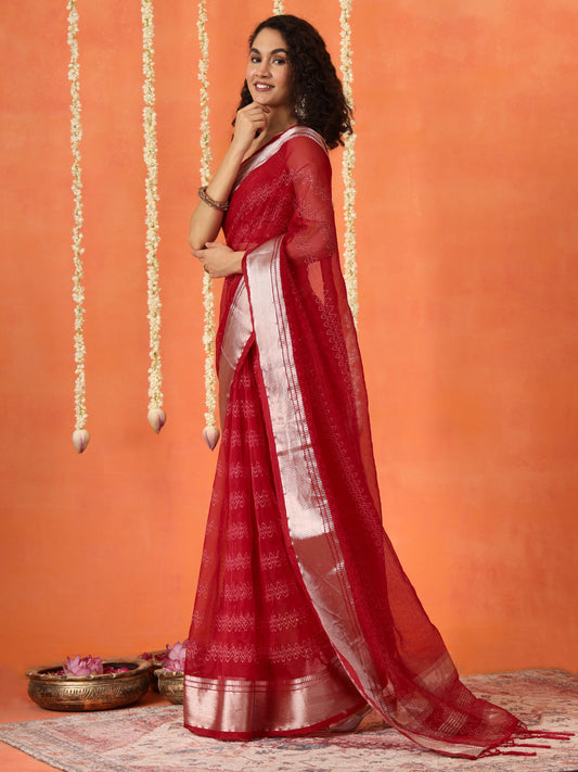 Red colored organza nylon hand dyeing saree