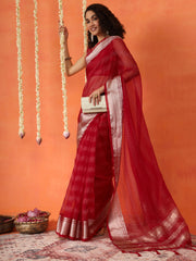 Red colored organza nylon hand dyeing saree