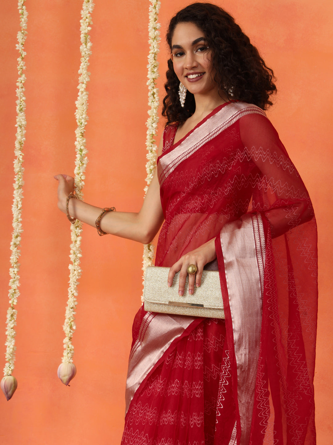 Red colored organza nylon hand dyeing saree