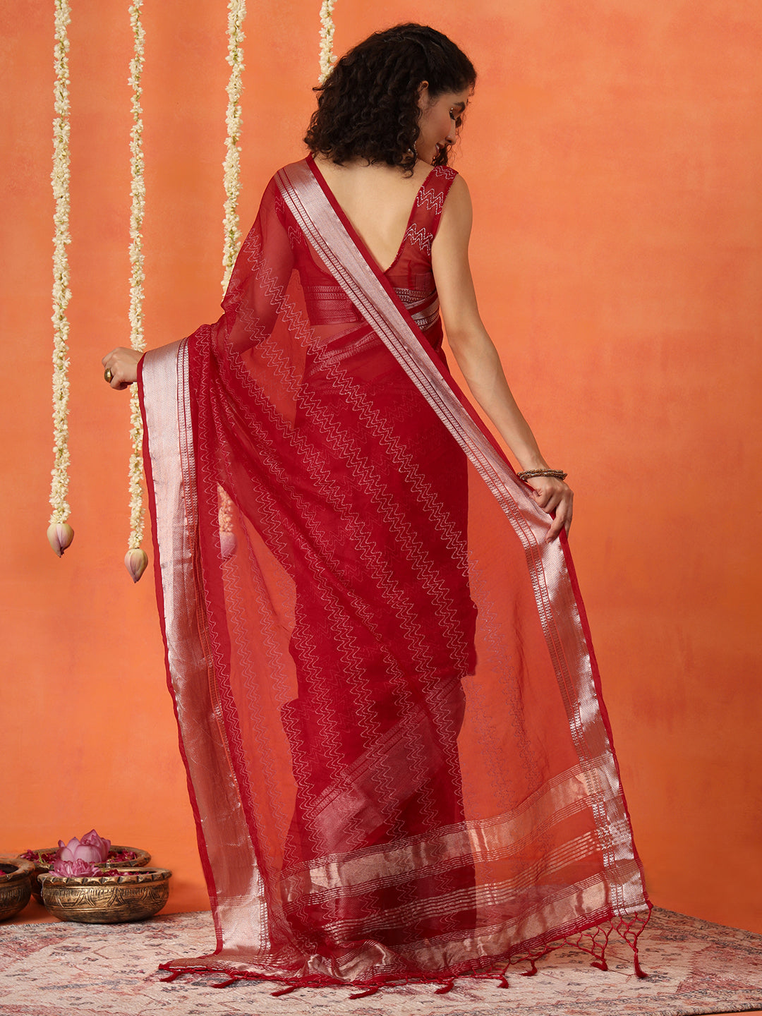 Red colored organza nylon hand dyeing saree