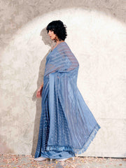 Blue colored satin striped saree