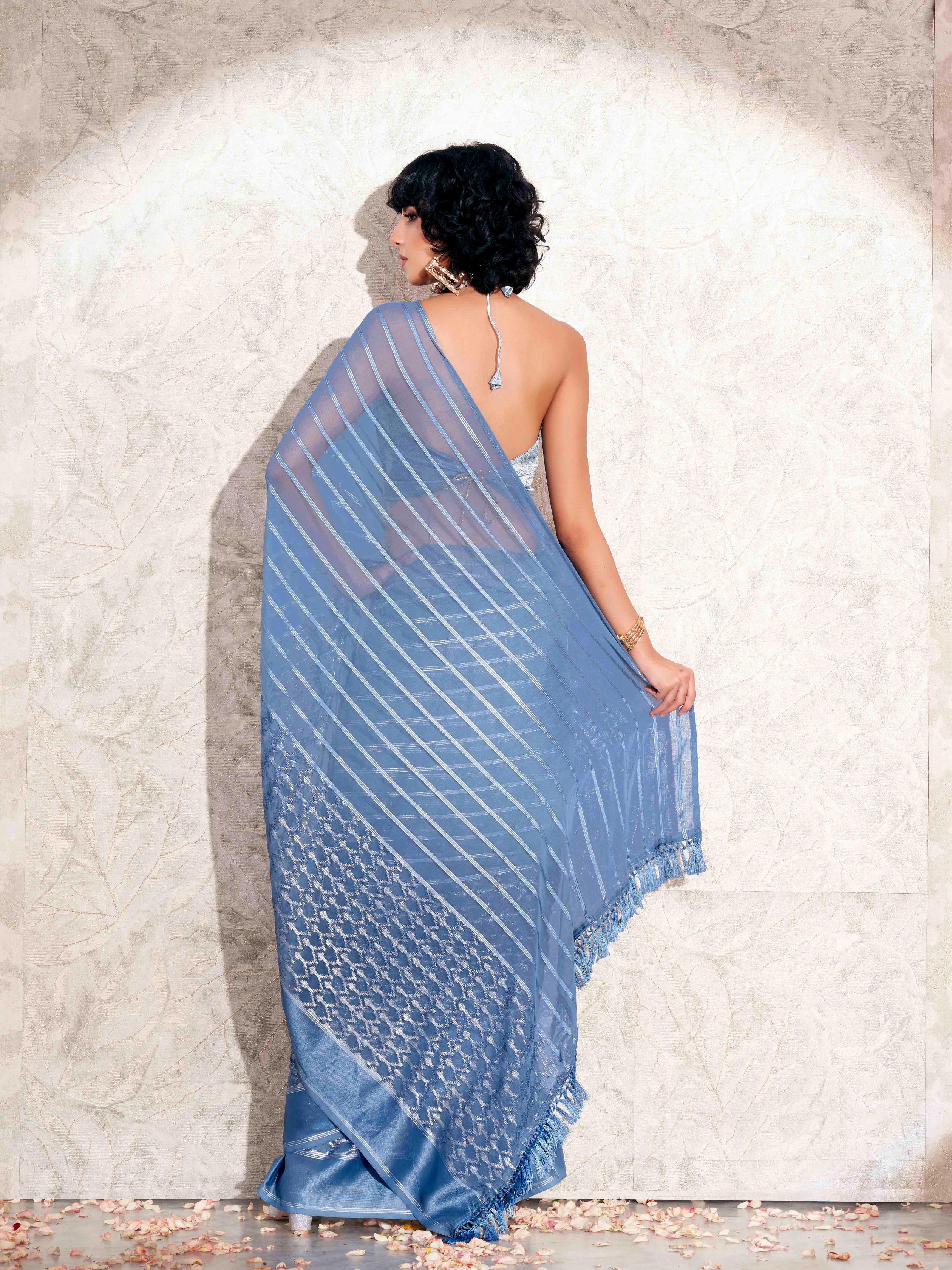 Blue colored satin striped saree