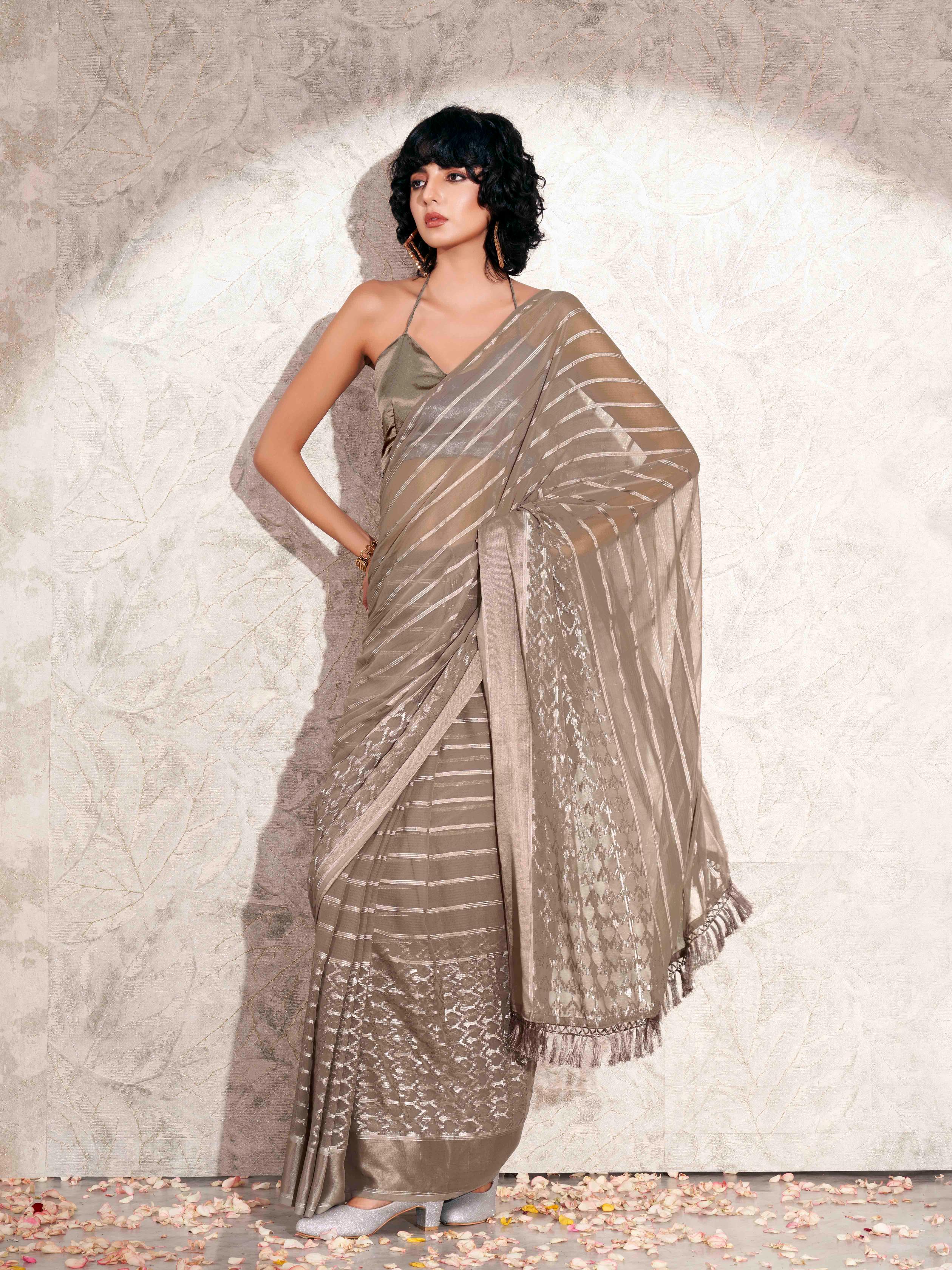 Mouse colored satin striped saree