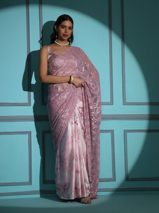 Ready to wear Pink Crape Floral Printed Saree