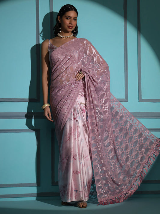 Ready to wear Pink Crape Floral Printed Saree