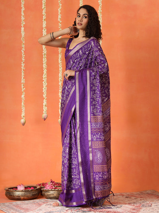 Purple colored traditional printed poly cotton saree with tassles on pallu