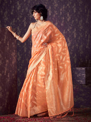 Peach colored poly cotton woven designer saree with tassles on pallu