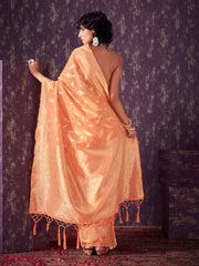 Peach colored poly cotton woven designer saree with tassles on pallu