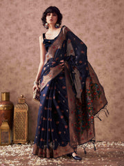 Navy blue colored poly cotton woven designer saree with tassles on pallu