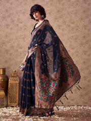 Navy blue colored poly cotton woven designer saree with tassles on pallu