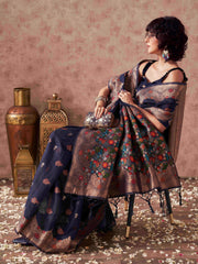 Navy blue colored poly cotton woven designer saree with tassles on pallu