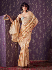 Beige colored poly cotton woven designer saree with tassles on pallu